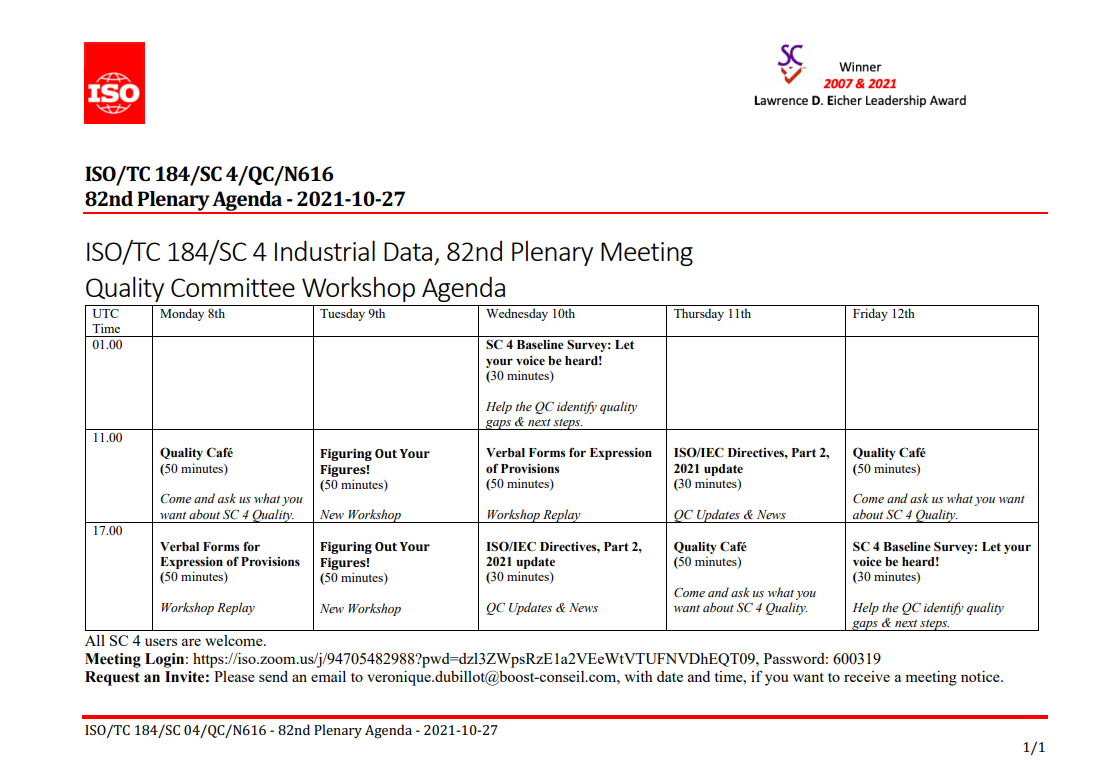 82nd Plenary Meeting Quality Committee Workshop Agenda