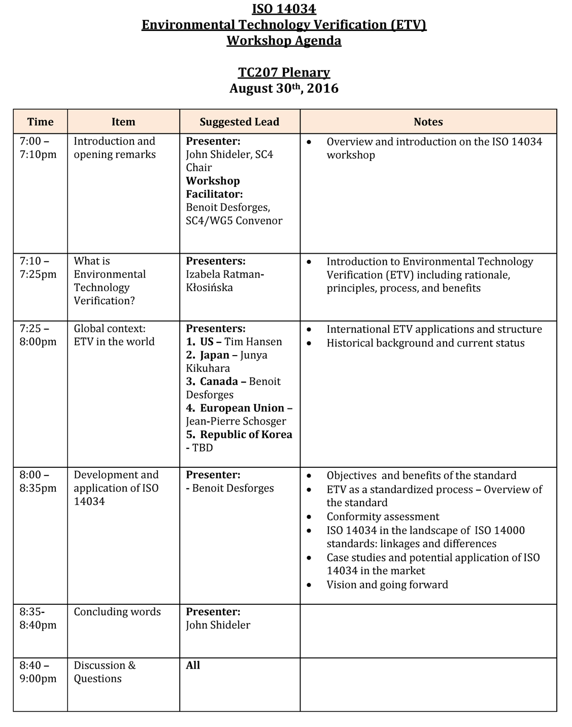 ETV Workshop Agenda, Seoul, 30 August 2016
